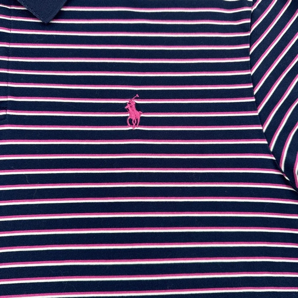 Ralph Lauren Men L Golf Polo Shirt Navy Pink White Stripe Pro Fit Short Sleeve